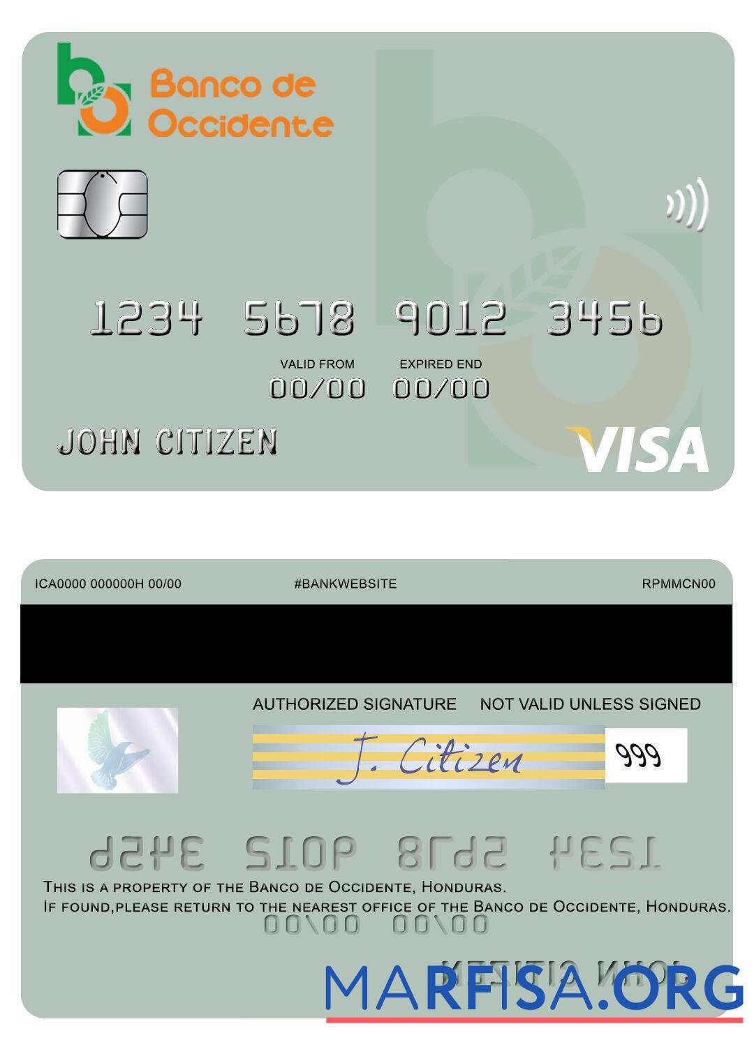 Blank Honduras Banco de Occidente visa card download for verification